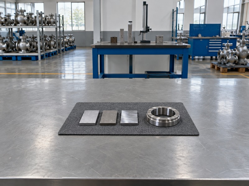 Unmarked metal coupons and an annular seat sample prepared for material review