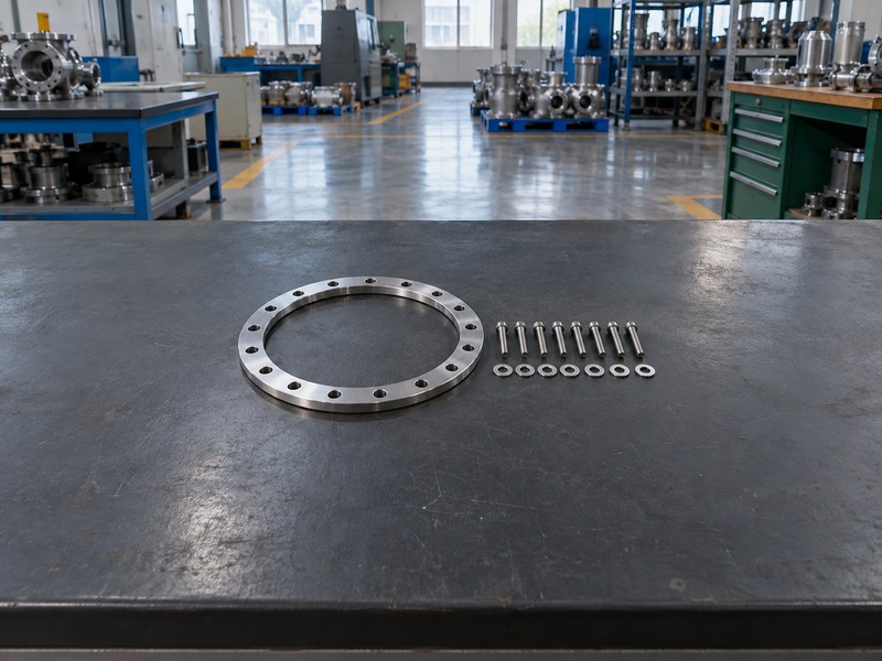 Metal retaining ring with loose screws and washers on a workshop bench