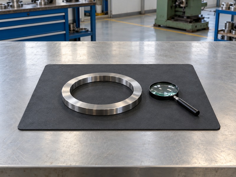 Metal sealing ring and magnifying glass on a protective inspection mat