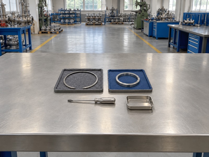 Sealing parts and an unmarked screwdriver laid out with maintenance space