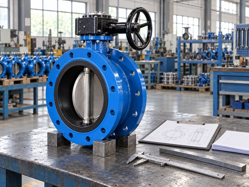 u section butterfly valve: illustrative short-flanged butterfly valve beside illustrative assembly drawings, inspection sheets and a caliper