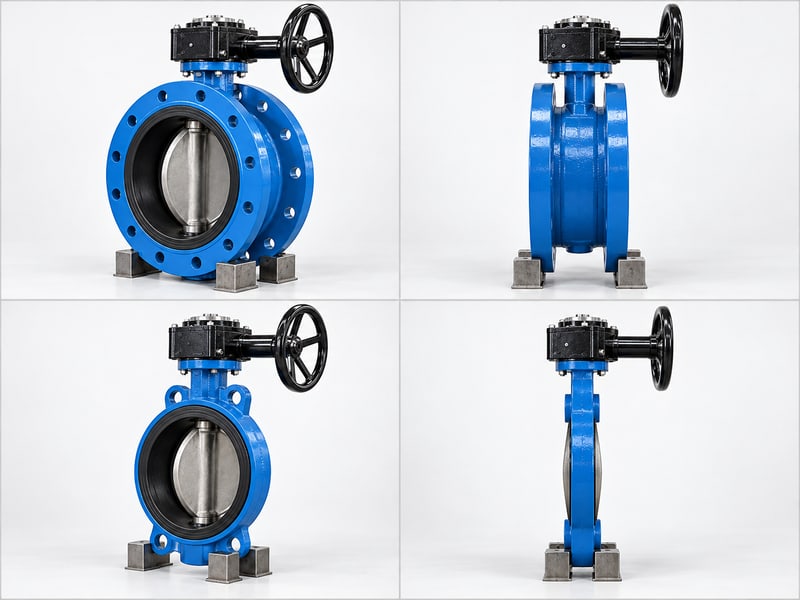 u section butterfly valve: illustrative photo comparison chart with front and side views of short-flanged and wafer butterfly valve bodies