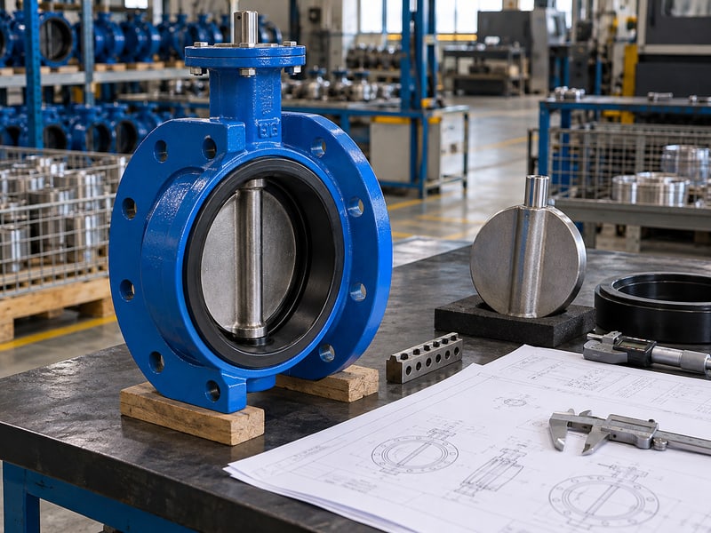u section butterfly valve manufacturer: illustrative valve assembly and model-specific drawings at a supplier technical review station