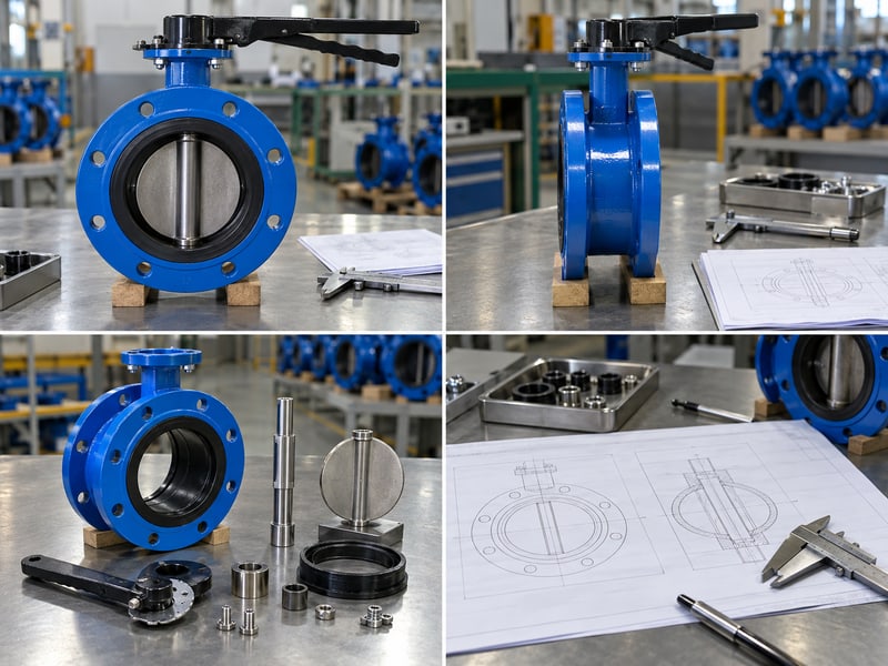 u section butterfly valve manufacturer: illustrative photo comparison of short-flanged valve and configuration drawings at a model-specific document review desk