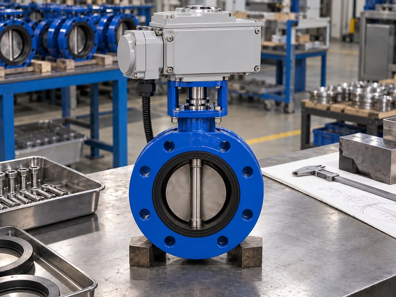 u section butterfly valve manufacturer: illustrative valve drive interface, coupling and isolated control components on a supported bench
