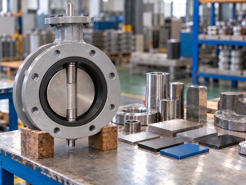 u section butterfly valve manufacturer: illustrative short-flanged casting beside sample pieces and material inspection records