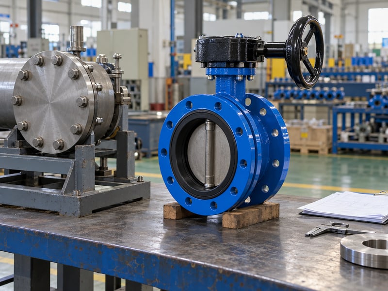 u section butterfly valve manufacturer: illustrative valve and sealed pressure-test fixture with unmarked inspection records