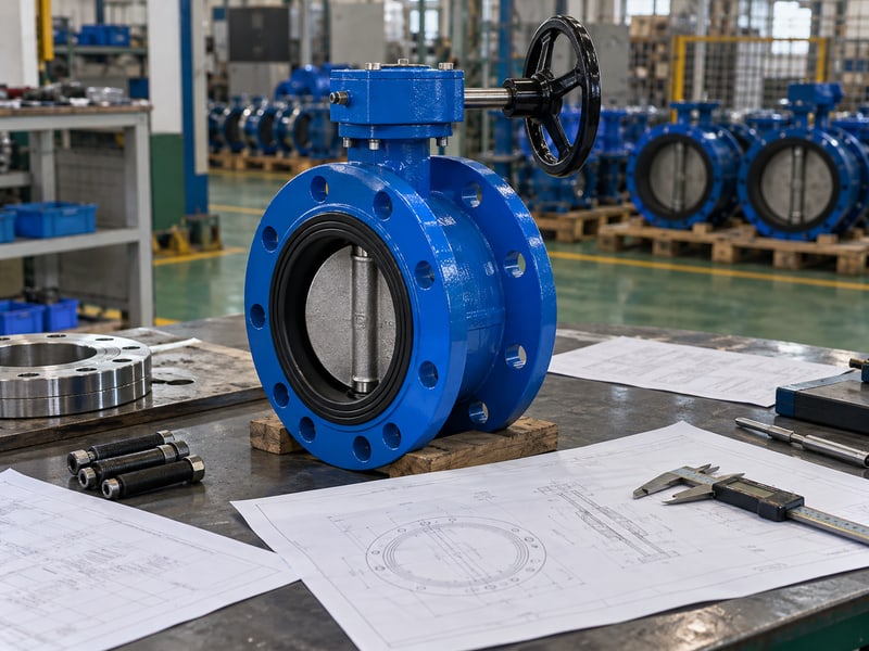 u section butterfly valve: illustrative short-flanged valve and configuration drawings at a model-specific document review desk