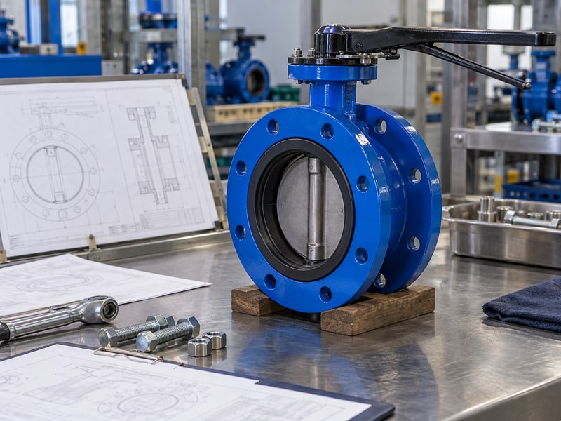 u section butterfly valve: illustrative short-flanged valve and configuration drawings at a model-specific document review desk