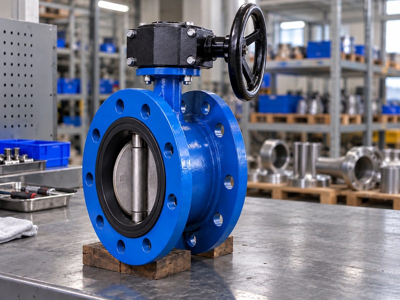 u section butterfly valve: illustrative supported short-flanged valve in a water-circuit setting beside service-condition records