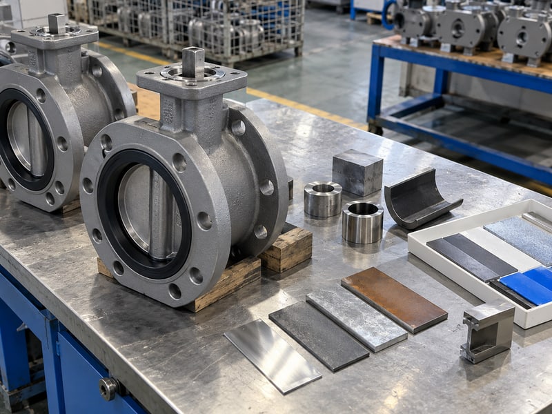 u section butterfly valve: illustrative short-flanged casting beside sample pieces and material inspection records