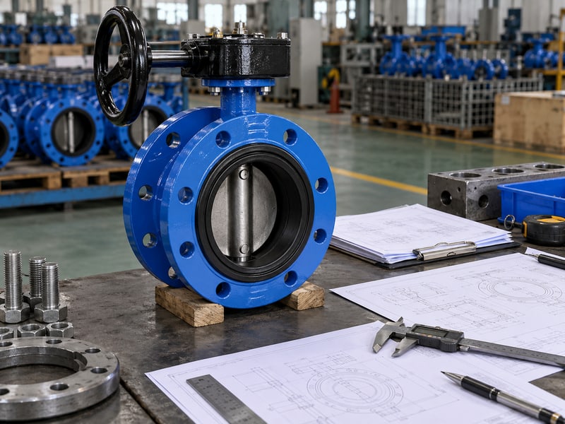 u section butterfly valve: illustrative short-flanged valve and configuration drawings at a model-specific document review desk