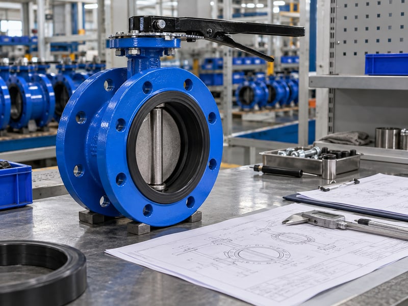 u section butterfly valve: illustrative short-flanged valve and configuration drawings at a model-specific document review desk