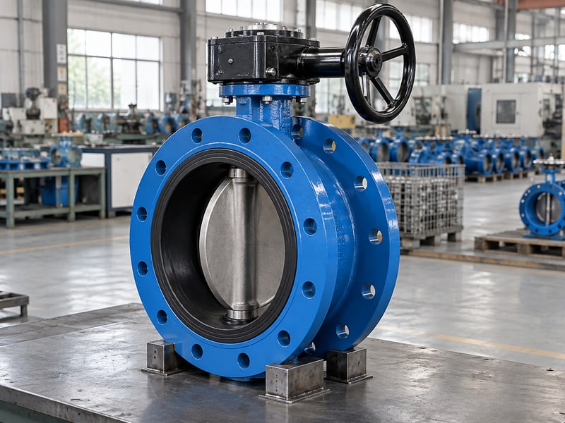 u section butterfly valve: illustrative short butterfly valve body with two integral flange rims, gearbox and handwheel on bench supports
