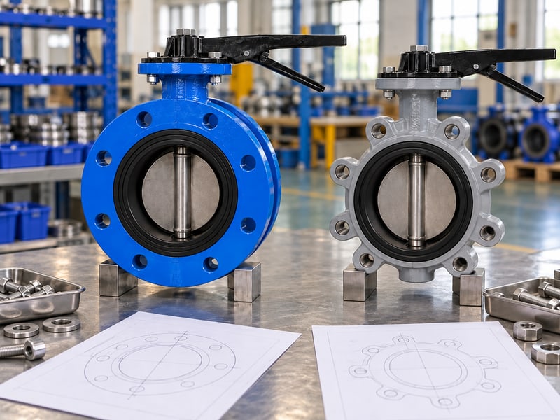 u section type lug butterfly valve: illustrative supported U-body and separate lug-style butterfly valves beside anonymous connection sketches
