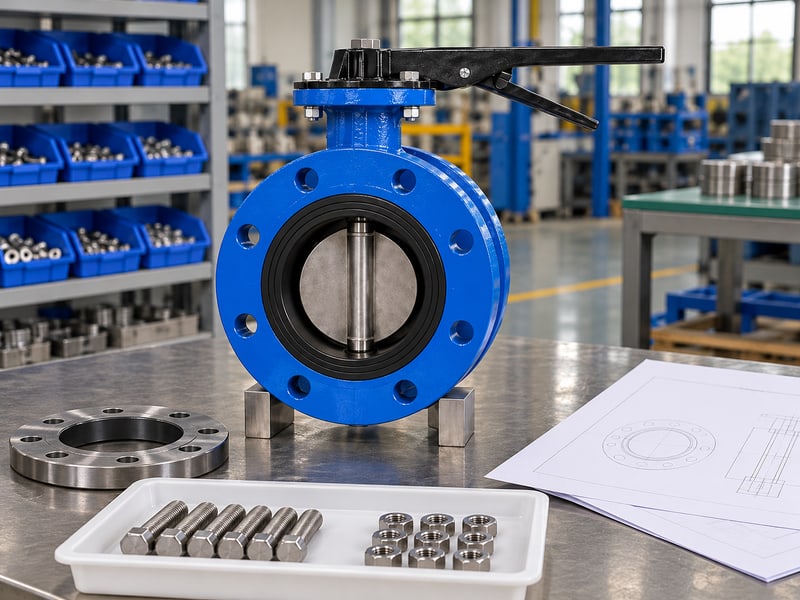 u section type lug butterfly valve: illustrative supported short-flanged valve with separate flange, bolts and nuts before assembly