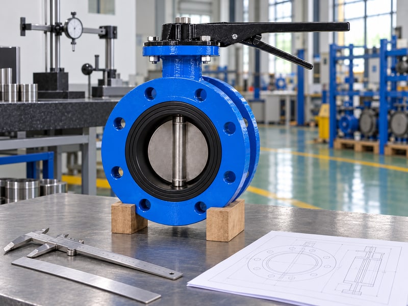 u section type lug butterfly valve: illustrative short-flanged body on support blocks beside dimensional review tools and anonymous sketches
