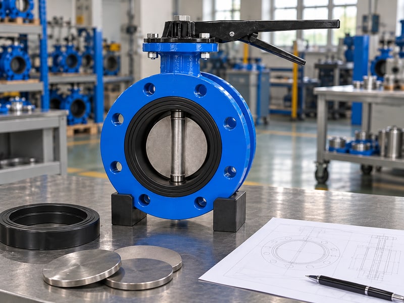 u section type lug butterfly valve: illustrative supported U-body valve beside a separate elastomer seat and unlabeled material samples