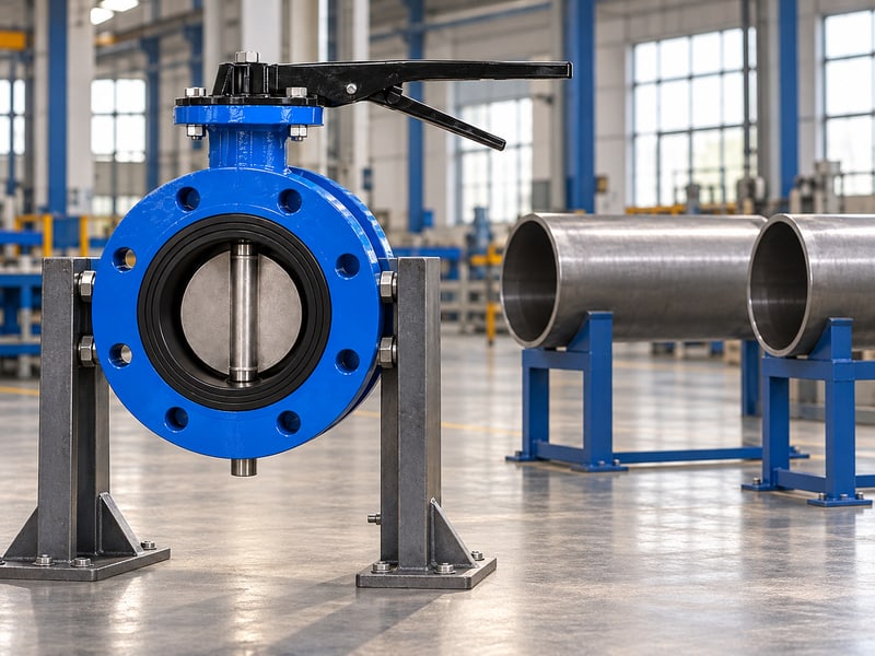 u section type lug butterfly valve: illustrative standalone supported U-body valve and separate pipe sections on independent stands before assembly