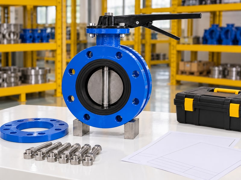 u section type lug butterfly valve: illustrative isolated short-flanged valve, detached flange and fasteners at a maintenance preparation bench