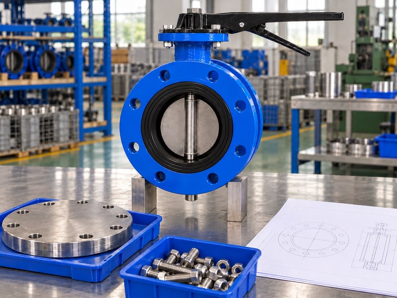u section type lug butterfly valve: illustrative unconnected U-body valve beside a separate blind flange and anonymous endpoint review sketch