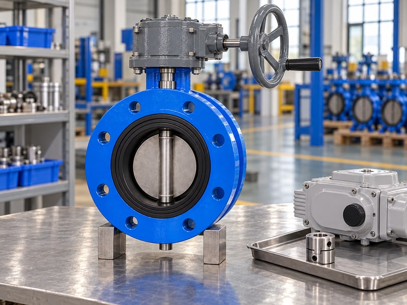u section type lug butterfly valve: illustrative gear-operated short-flanged valve beside a separate closed electric actuator and coupling