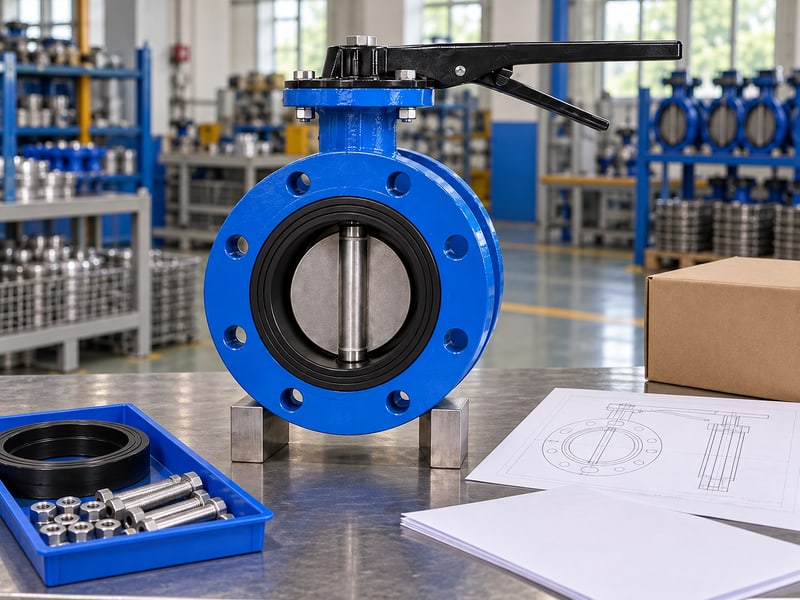 u section type lug butterfly valve: illustrative short-flanged valve, spare components and blank order records at a configuration review desk