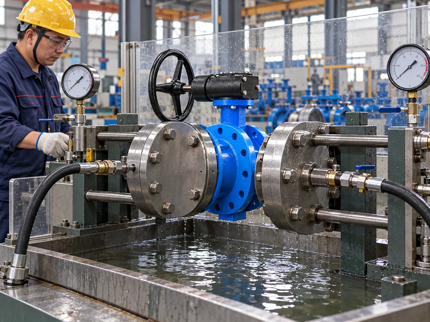 Large U-type butterfly valve secured in a hydrostatic test rig in an operating valve manufacturing workshop.