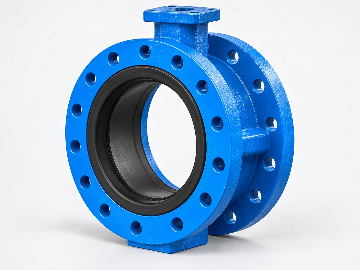 Integral U-type butterfly valve body showing the short connecting section and two full drilled flanges formed as one casting.