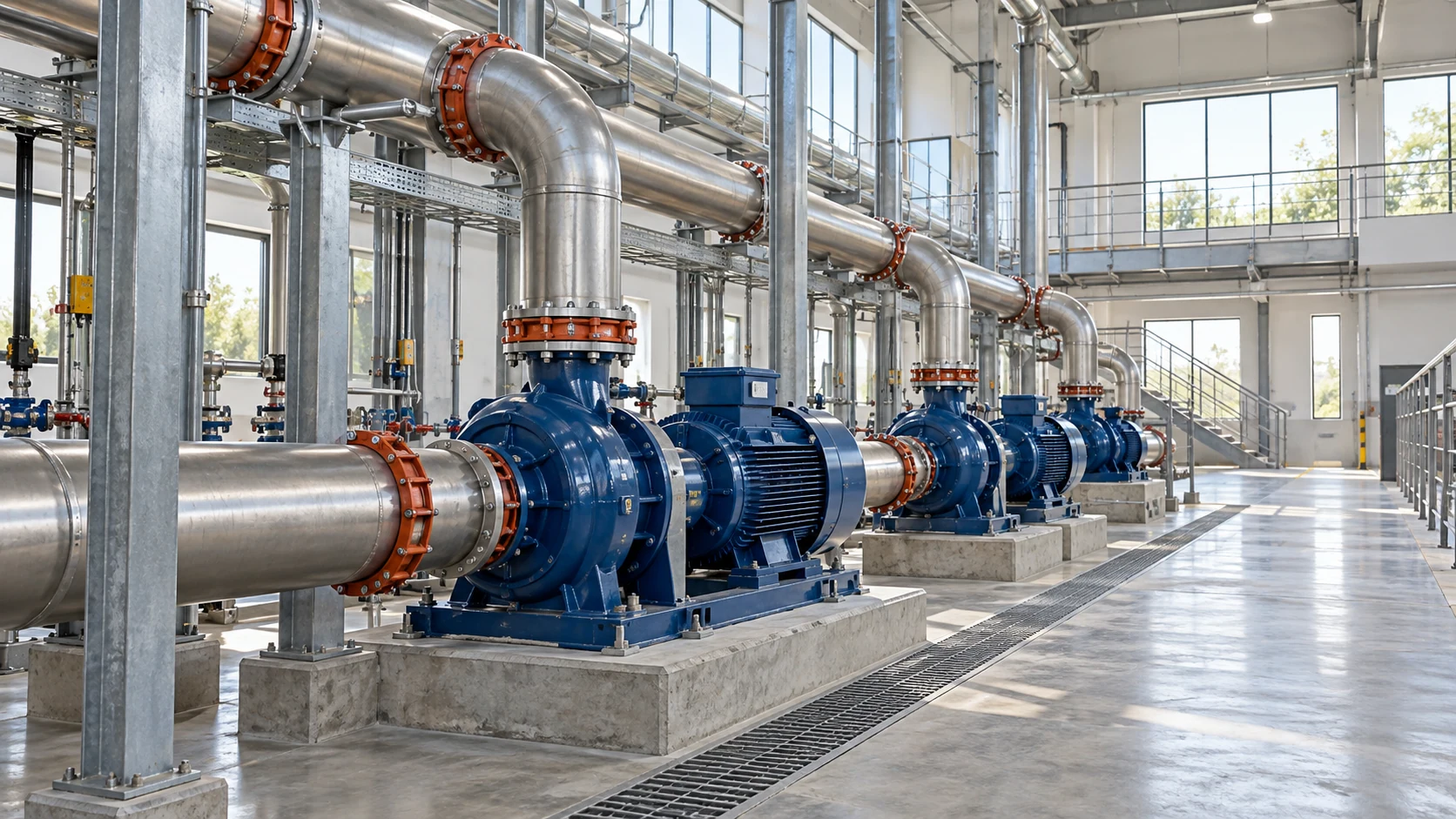 Municipal water pumping station with supported mains, pump sets, and accessible operating aisles.
