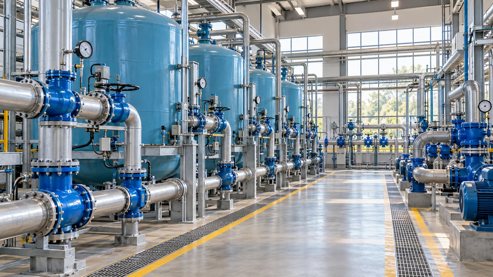 Clean drinking-water filtration facility with filter equipment, treated-water pipework, and organized service access.