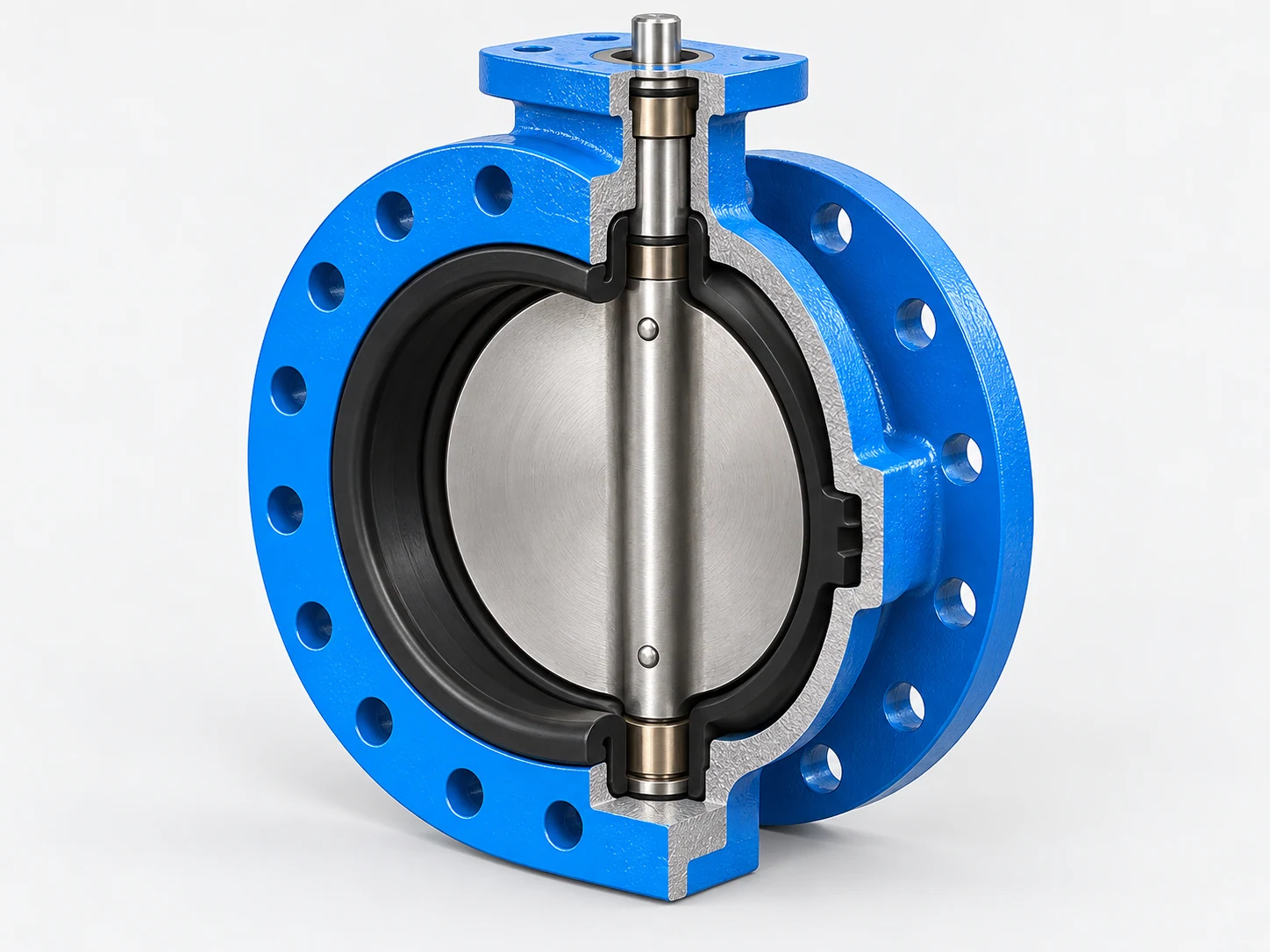 Sectional view of a short U-type butterfly valve showing its integral double-flanged body, metal disc, resilient seat, and vertical stem.