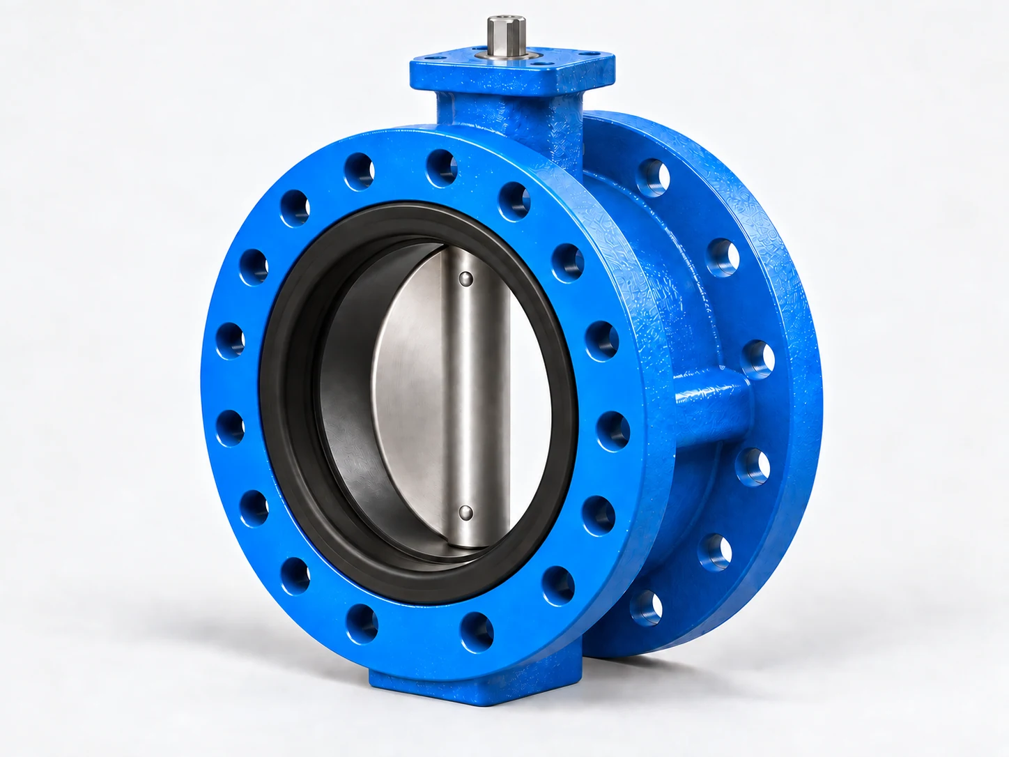 Three-quarter external view of a short U-type butterfly valve showing its integral double flanges, mounting pad, resilient seat, and metal disc.