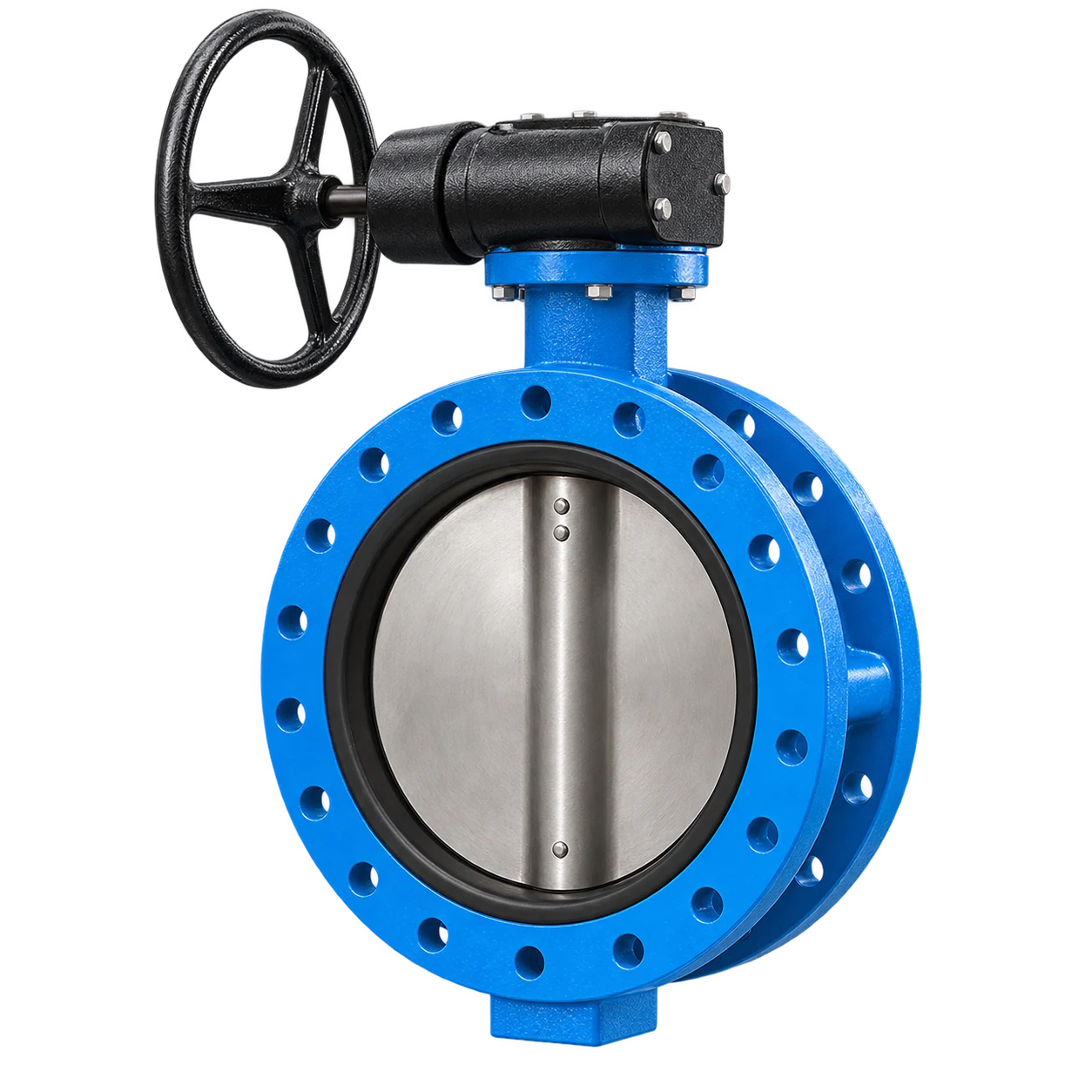 Blue U-type butterfly valve with a compact integral double-flanged body, metal disc, black resilient seat, and worm gearbox.