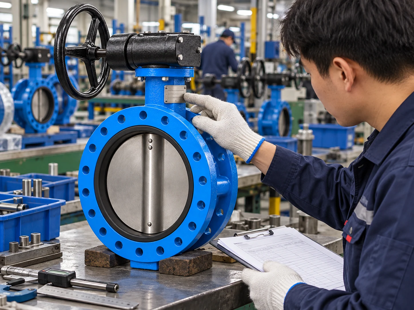 Stainless-steel identification plate on a blue U-type valve body being inspected at a working factory bench.
