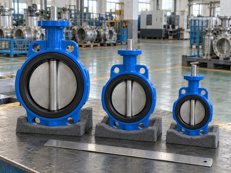 Three wafer butterfly valves of different nominal sizes