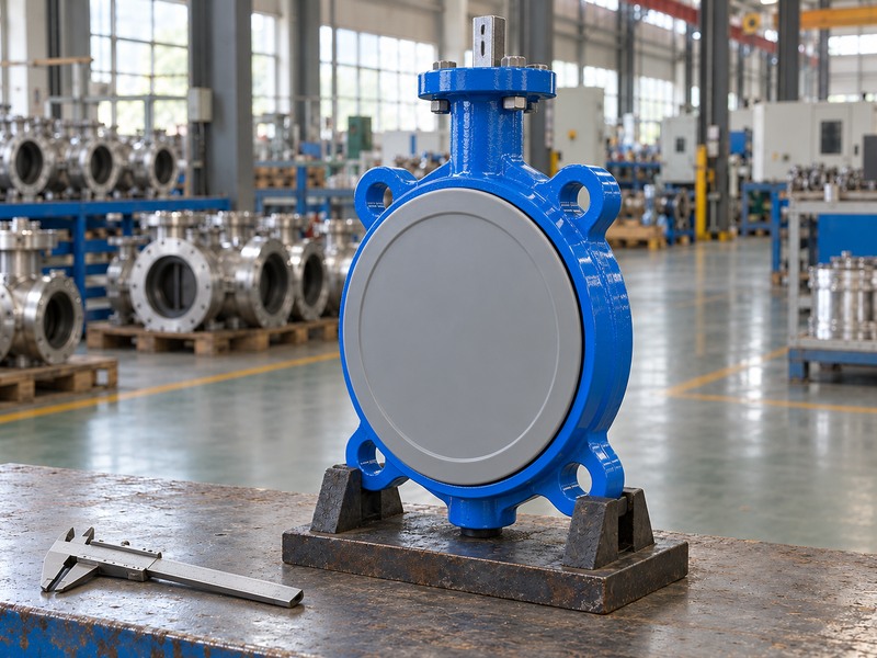 Protected thin wafer valve body in a side-oblique inspection view