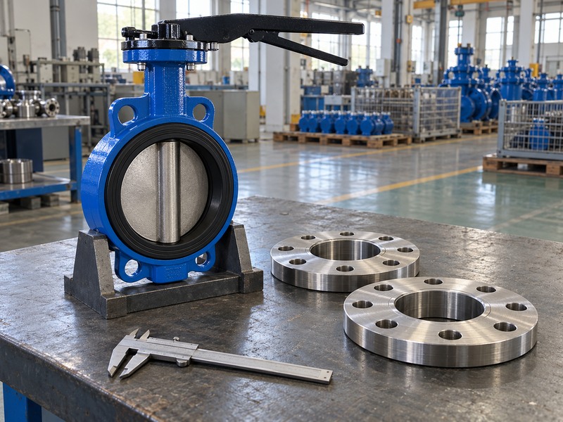 Wafer butterfly valve beside two separate steel pipe flanges