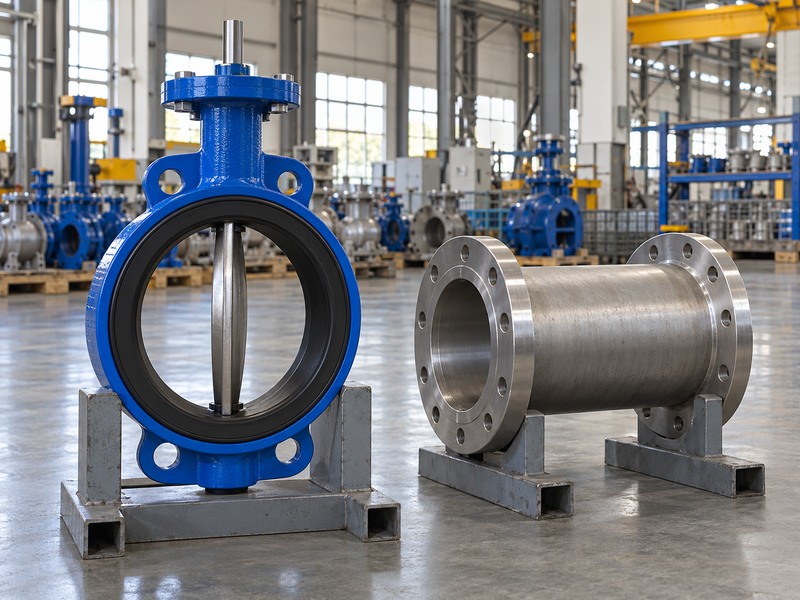 Open wafer valve disc beside a separate straight pipe spool