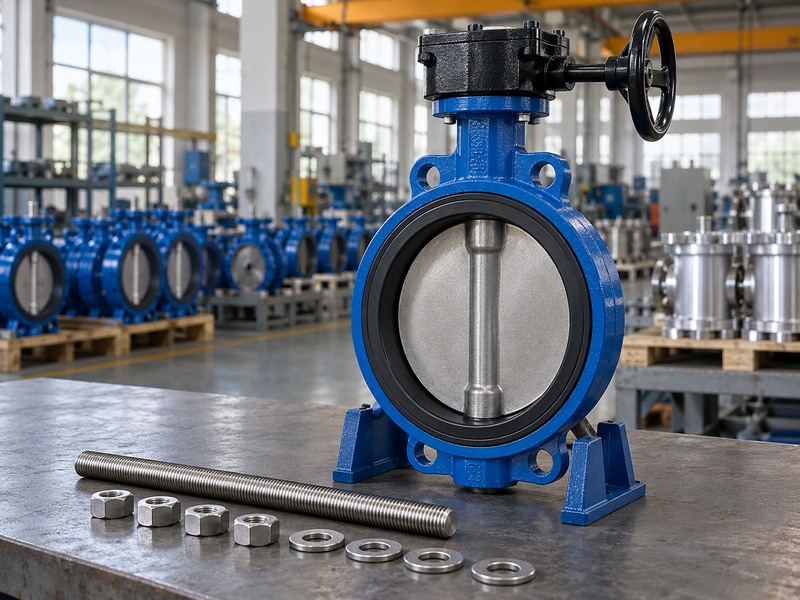 Wafer valve beside through-stud, separate nuts and washers