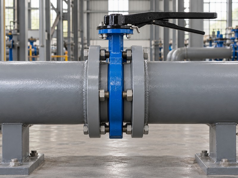 Wafer butterfly valve between flanges in a straight supported pipe