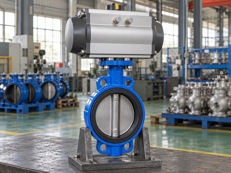 Pneumatic actuator mounted above a wafer butterfly valve