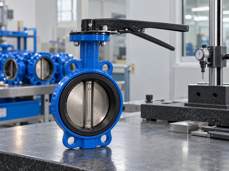 wafer type butterfly valve manufacturers: compact wafer valve with manual lever, disc and seat.