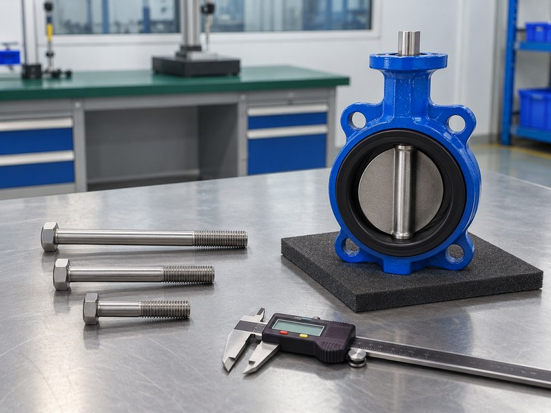 wafer type butterfly valve manufacturers: loose fasteners and caliper for bolt-length selection.