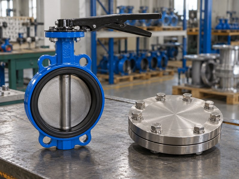 wafer type butterfly valve manufacturers: separate wafer valve and blind flange; no end-of-line capability is implied.