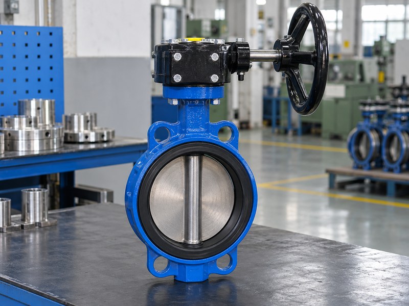 wafer type butterfly valve manufacturers: manual gearbox aligned with the wafer valve shaft.