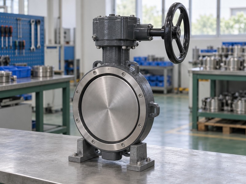 wafer type double offset butterfly valve illustration showing a generic short wafer valve exterior with a closed disc, seat-retainer ring and manual operator