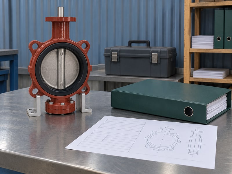 water type butterfly valve: illustrative supported rust red butterfly valve beside a blank water-duty request folder and anonymous outline papers