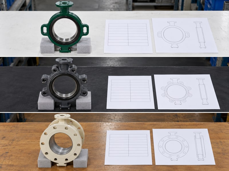 water type butterfly valve: illustrative three-row photographic comparison of empty wafer, lug and flanged valve bodies with visible necks on separate supports