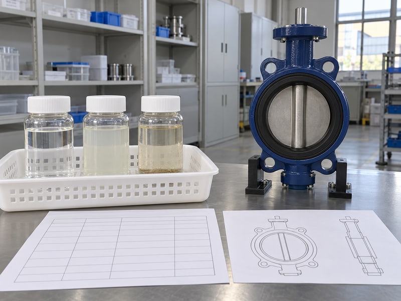 water type butterfly valve: illustrative unlabelled sealed liquid sample containers beside a supported gray valve and blank water-duty review sheets